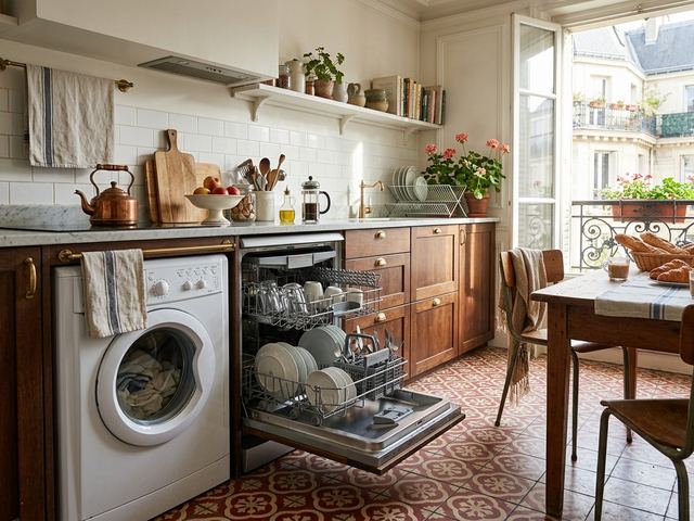 Cuisine familiale avec lave-linge et lave-vaisselle Whirlpool