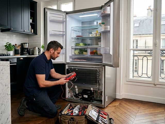 Technicien Electrocase réparant un réfrigérateur à domicile à Paris