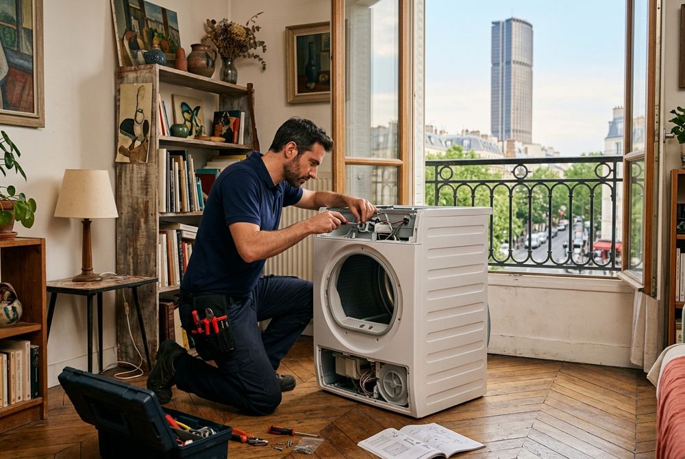 Technicien Electrocase réparant un appareil électroménager à Paris 14ᵉ, près de Tour Montparnasse