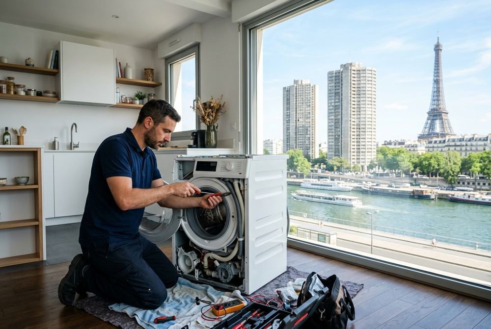 Technicien Electrocase réparant un appareil électroménager à Paris 15ᵉ, près de tour Eiffel (15e côté)