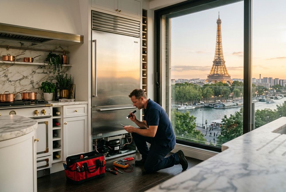 Technicien Electrocase réparant un appareil électroménager à Paris 16ᵉ, près de Trocadéro