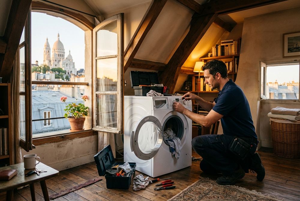 Technicien Electrocase réparant un appareil électroménager à Paris 18ᵉ, près de Sacré-Cœur