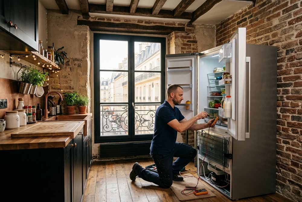 Technicien Electrocase réparant un appareil électroménager à Paris 3ᵉ, près de Musée Picasso