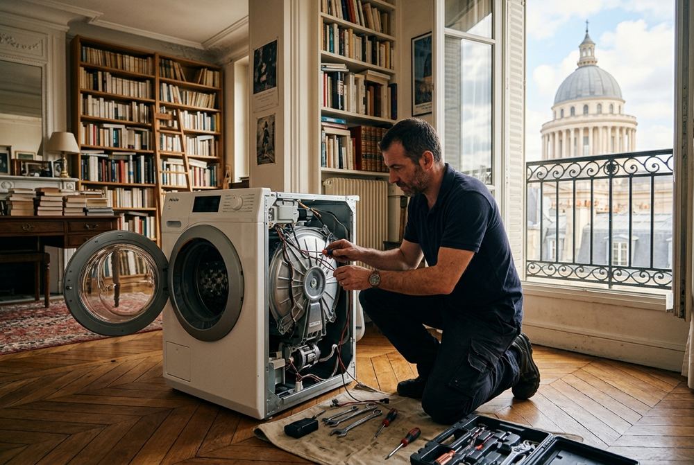 Technicien Electrocase réparant un appareil électroménager à Paris 5ᵉ, près de Panthéon