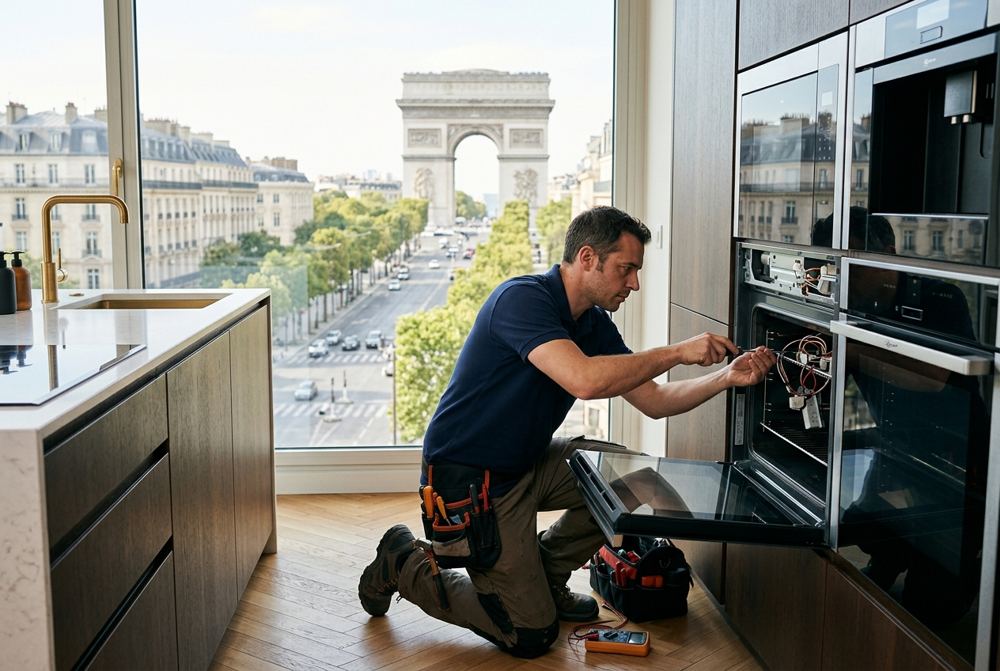 Technicien Electrocase réparant un appareil électroménager à Paris 8ᵉ, près de Champs-Élysées