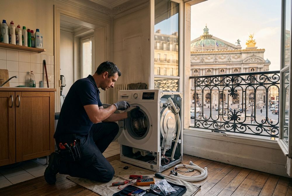 Technicien Electrocase réparant un appareil électroménager à Paris 9ᵉ, près de Opéra Garnier